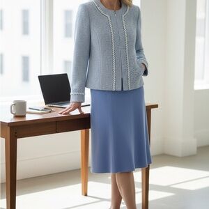 St John Elegant Light Blue Tweed Jacket and Blue A-Line Skirt - Women's size 8